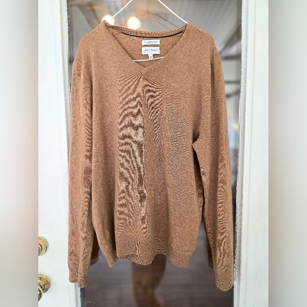 John Nordstrom Men's Tan V-Neck 100% Cashmere Fall Winter Sweater Large